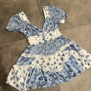 Blue & White Patchwork Floral Mini Dress